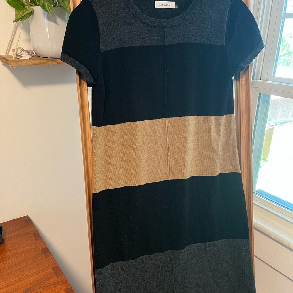 Calvin Klein Black, Gray, and Tan Colorblock Mini Dress